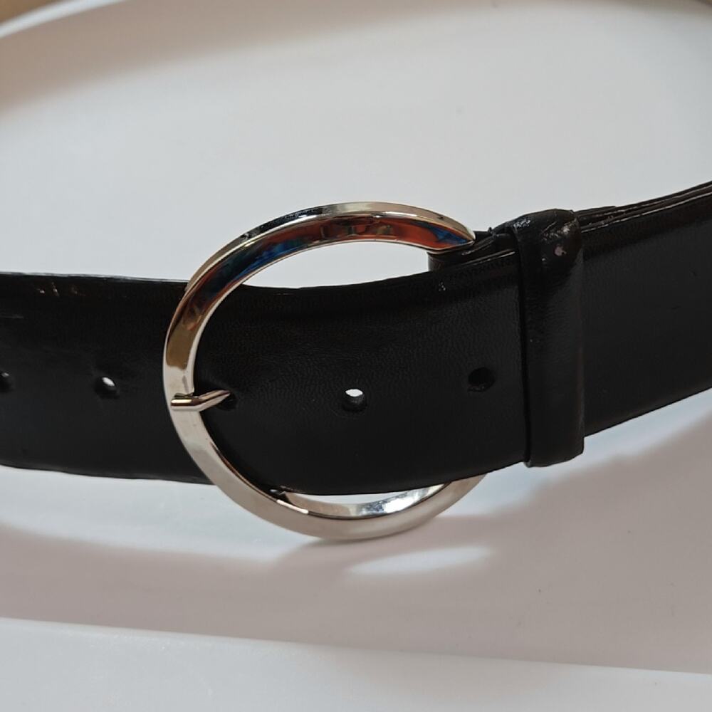 Black Leather women's Wide Belt silver buckle size M/L